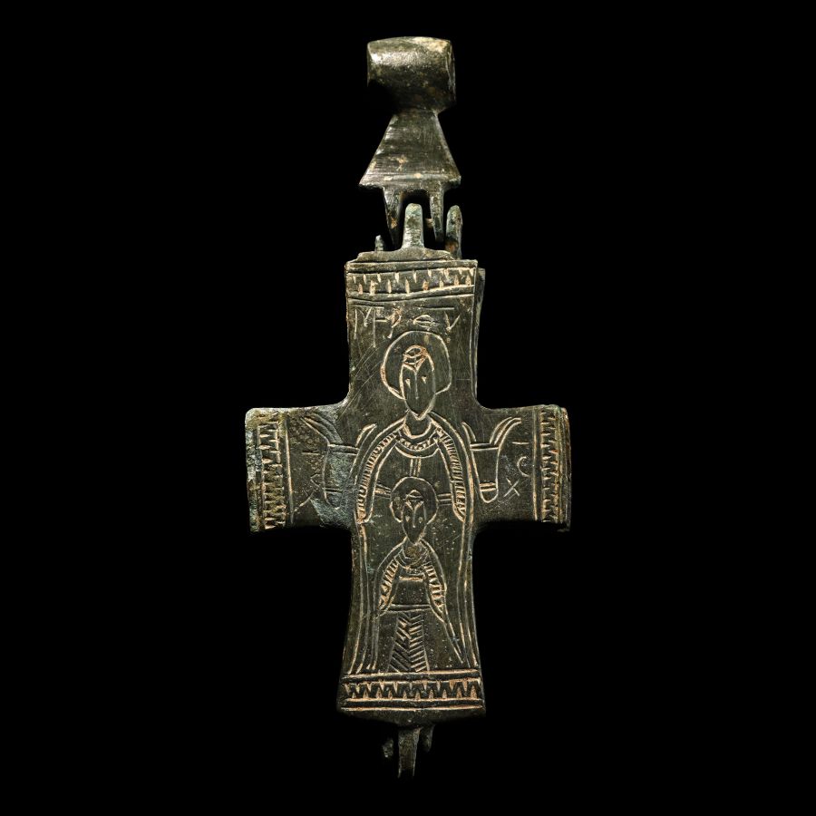 Large Byzantine Bronze Reliquary Cross Pendant with Saint George and Mary