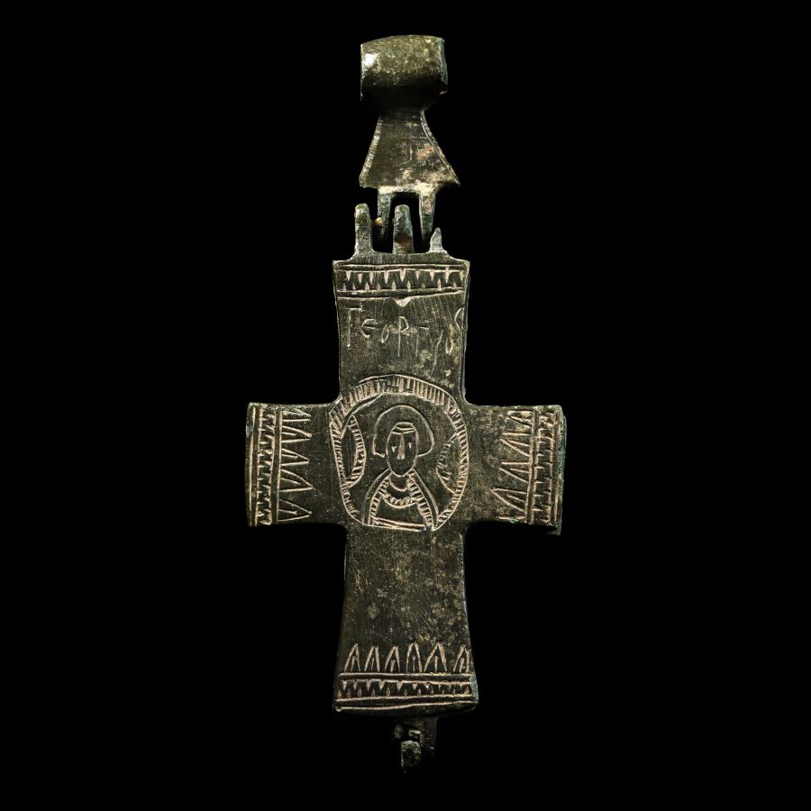 Large Byzantine Bronze Reliquary Cross Pendant with Saint George and Mary