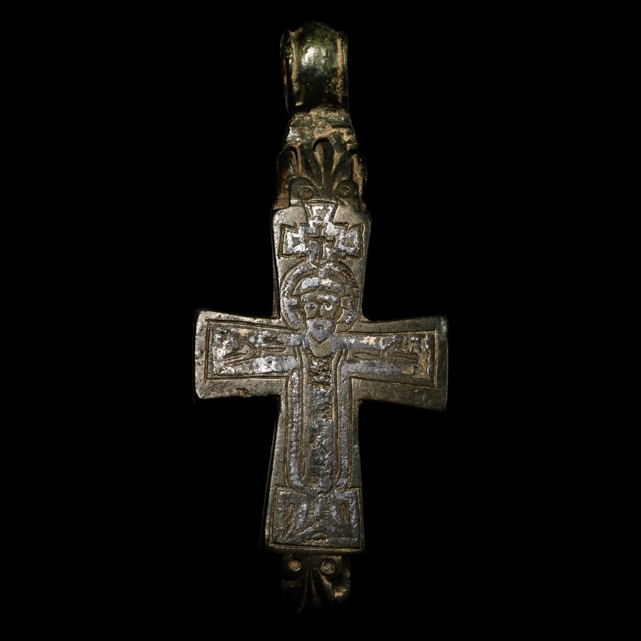 Large Byzantine Bronze Reliquary Cross Pendant with Christ