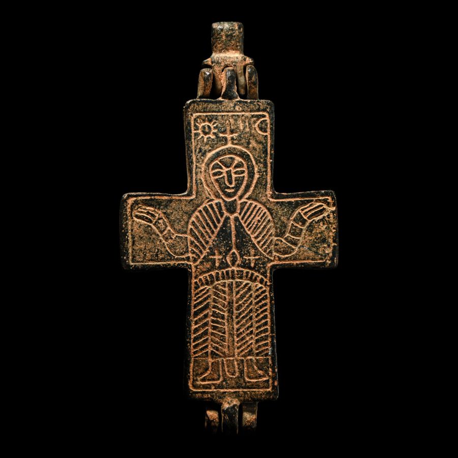 Large Byzantine Bronze Reliquary Cross Pendant with Christ
