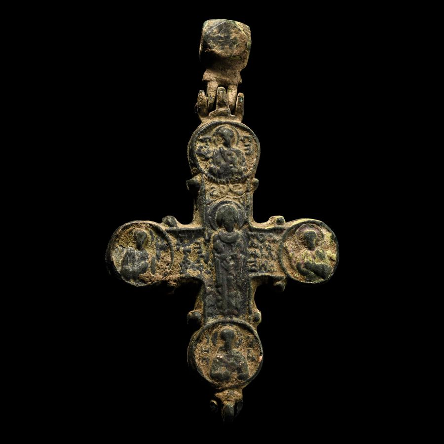 Large Byzantine Bronze Reliquary Cross Pendant with Christ and Saints