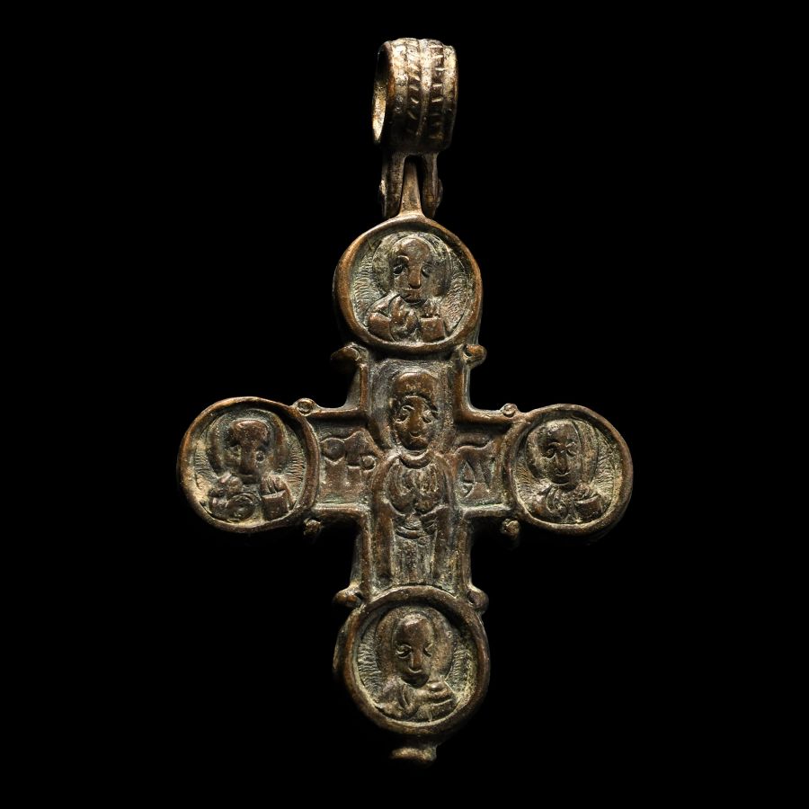 Large Byzantine Bronze Cross Pendant with Christ and Saints