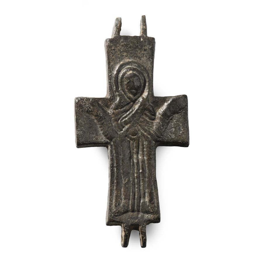 Large Byzantine Bronze Reliquary Cross Pendant Plate with Saint