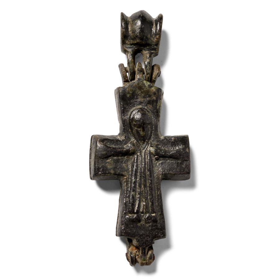 Byzantine Bronze Reliquary Cross Pendant with Saints