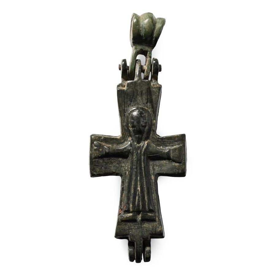 Byzantine Bronze Reliquary Cross Pendant with Saints