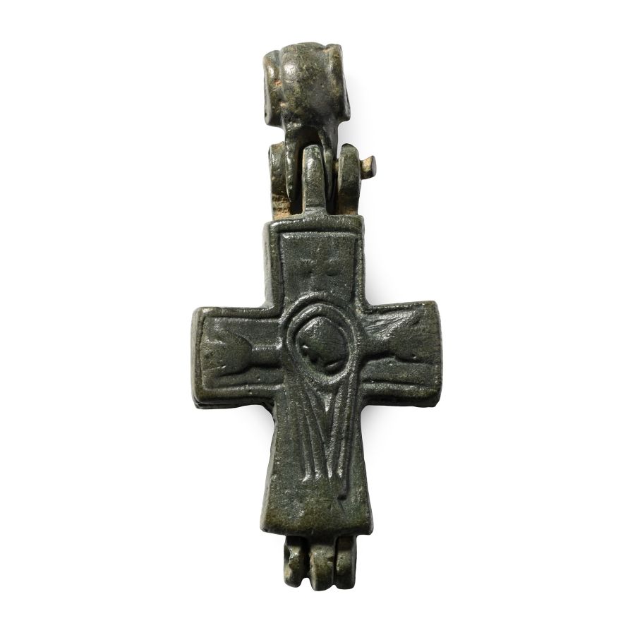 Byzantine Bronze Reliquary Cross Pendant with Saints