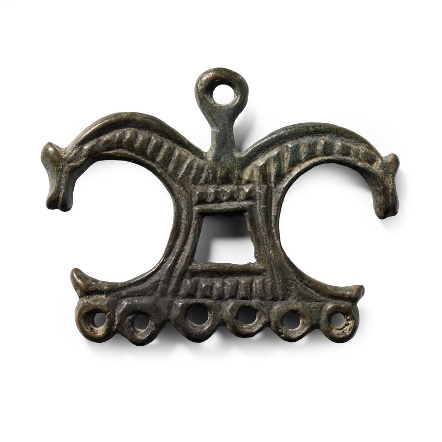 Viking Age Bronze Pendant Hanger with Horse Heads