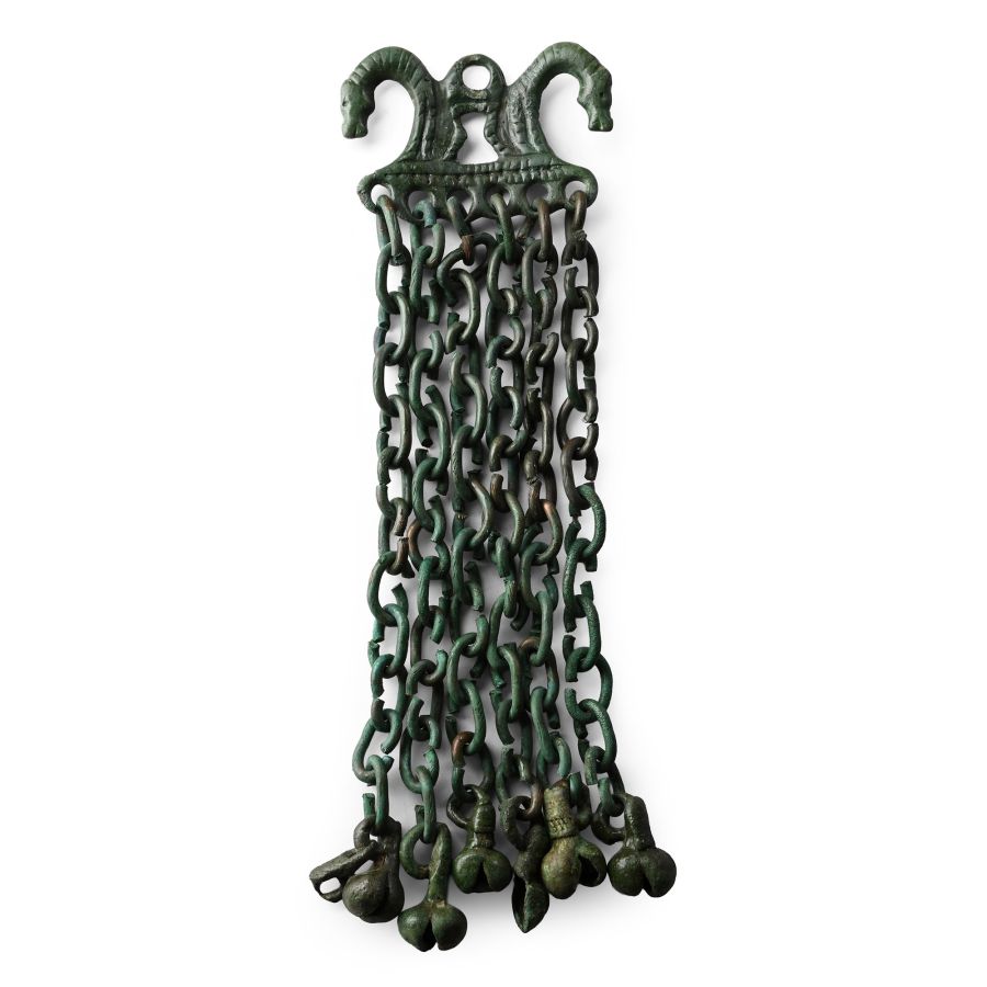 Viking Age Bronze Pendant Hanger with Horse Heads and Chain Drops