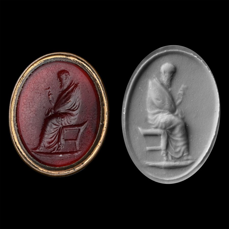 Grand Tour Glass Gemstone with Philosopher in Gilt Metal Seal
