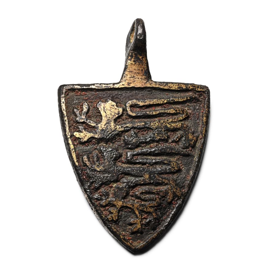 Medieval Knight's Gilt-Bronze Heraldic Horse Harness Pendant with Arms of England