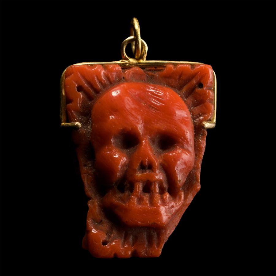 Post Medieval Coral Memento Mori Janus Chaplet Bead with Head of Christ and Skull