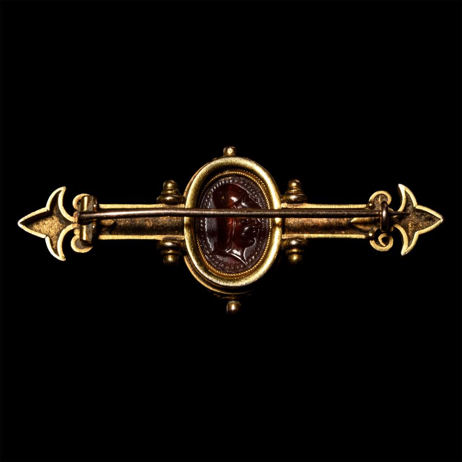 Etruscan Carnelian Scarab with Bust of a Warrior in Later Victorian Gold Brooch