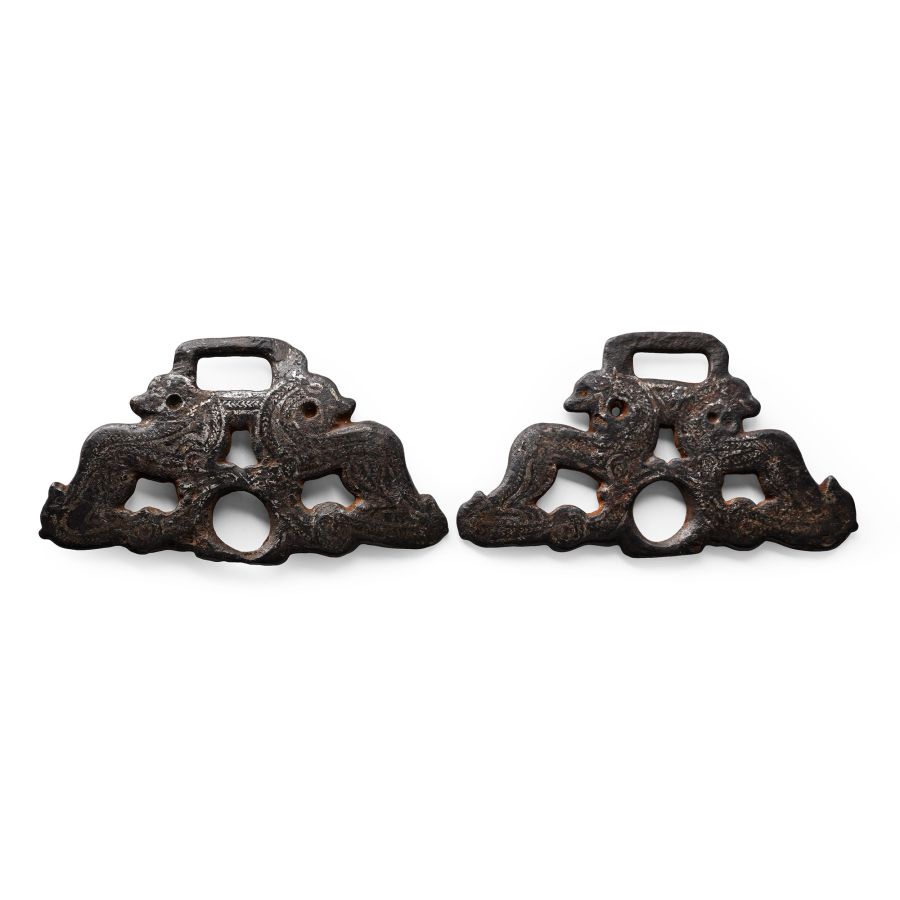 Viking Age Inlaid Iron Horse Bit Cheek Piece Pair with Opposing Beasts