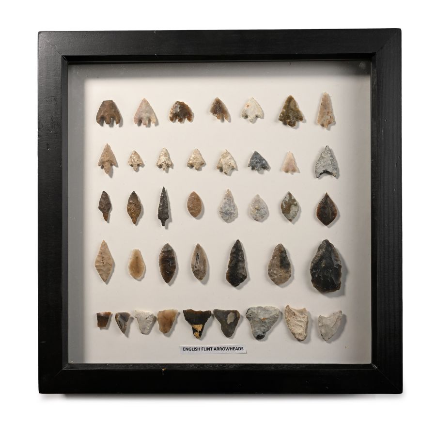 Framed English Stone Age Knapped Arrowhead and Tool Collection