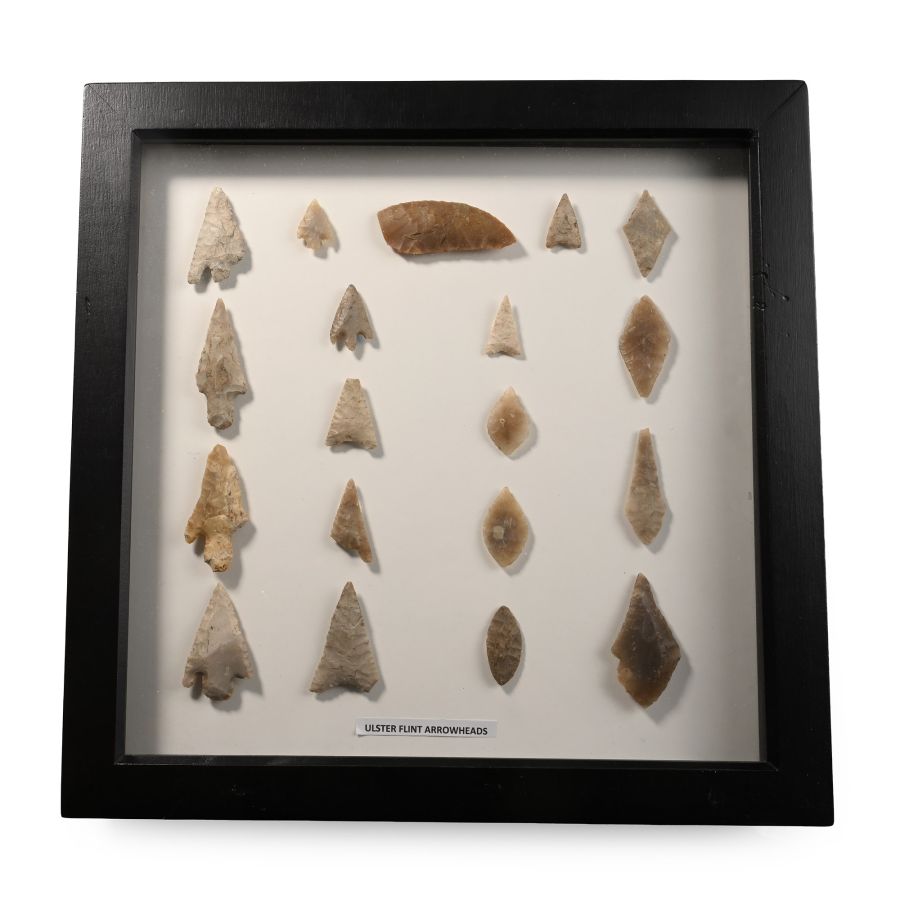 Framed English Stone Age Knapped Arrowhead and Tool Collection