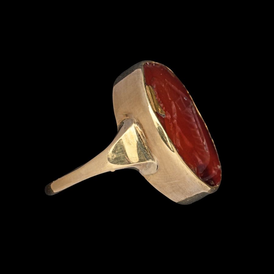 Parthian Carnelian Gemstone of a Goat-Headed Rhyton in Gold Ring