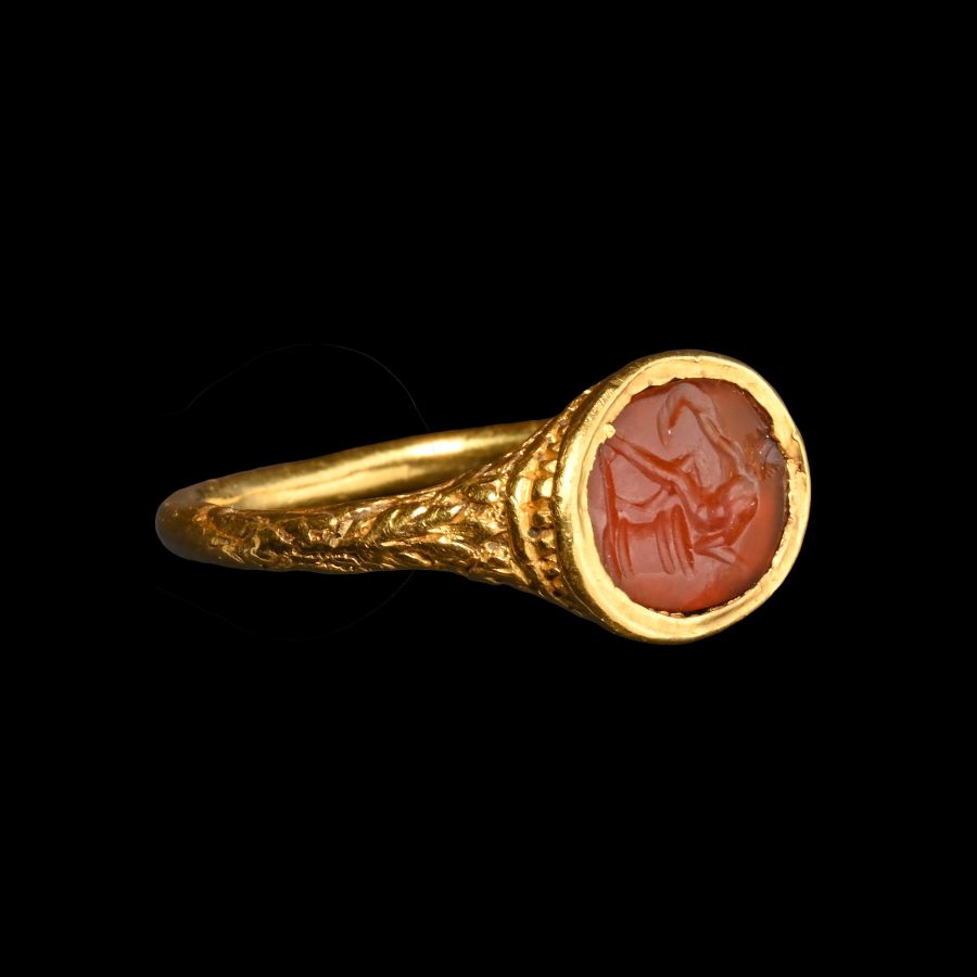 Renaissance Gold Ring with Carnelian Gemstone of a Resting Hero
