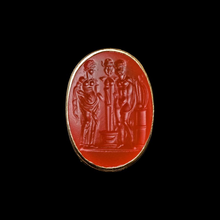 Renaissance Gold Fob Seal with Carnelian Gemstone of a Herm and Figures