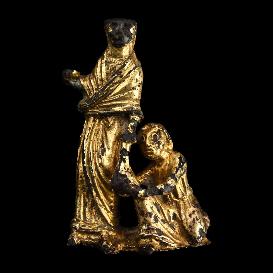 Medieval Gilt Bronze Statue of the Act of Almsgiving