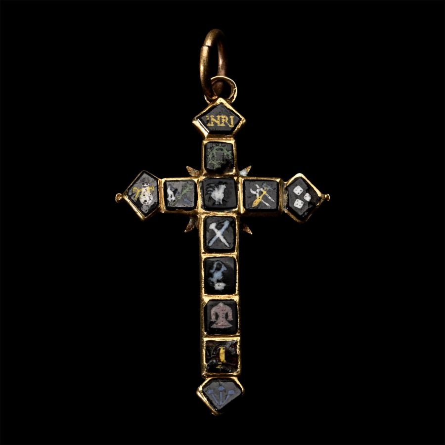 Enamelled Gold Cross Pendant with Instruments of Passion