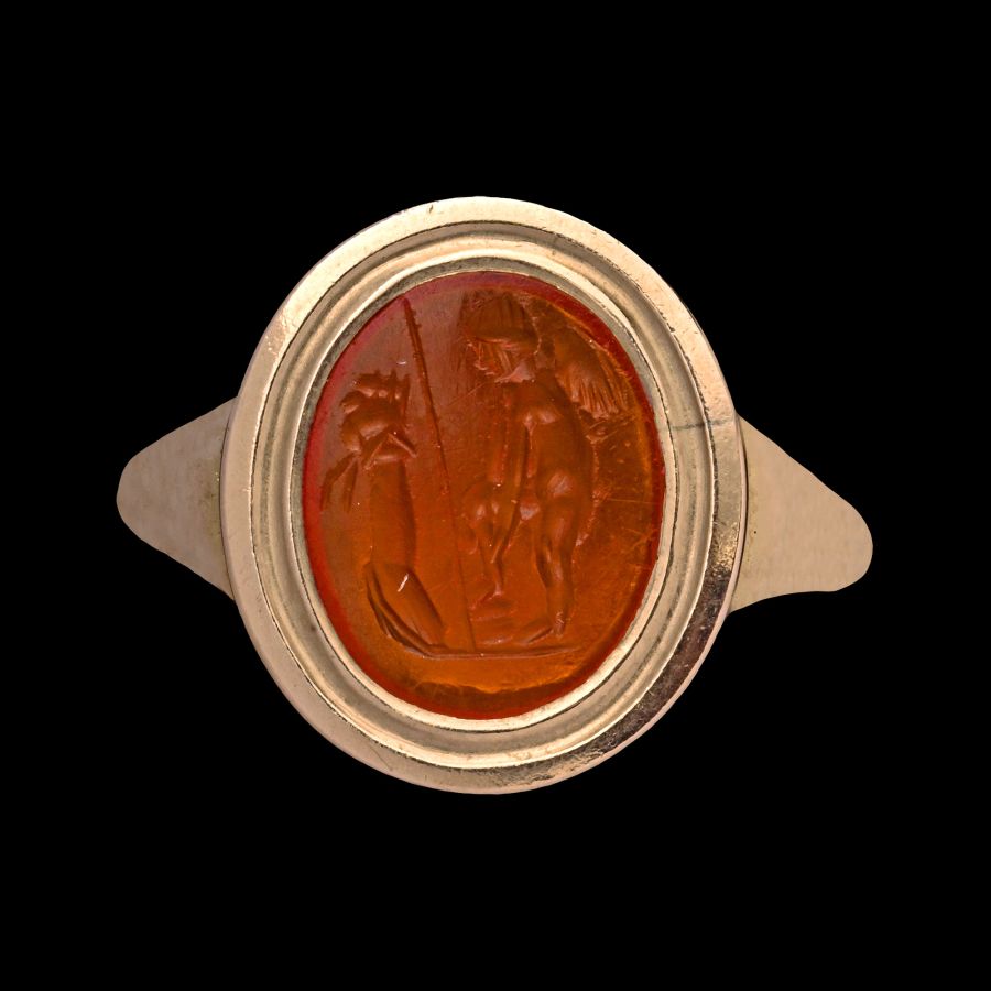 Roman Carnelian Gemstone with Eros Before an Altar in Gold Ring