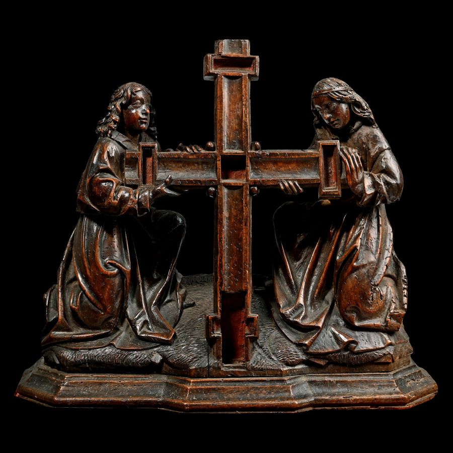 Medieval Carved Wooden Panel with Kneeling Angels Supporting the Cross