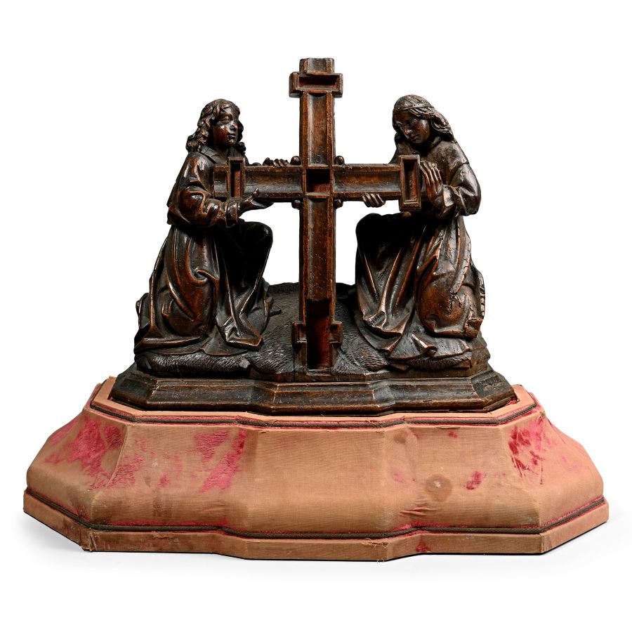 Medieval Carved Wooden Panel with Kneeling Angels Supporting the Cross