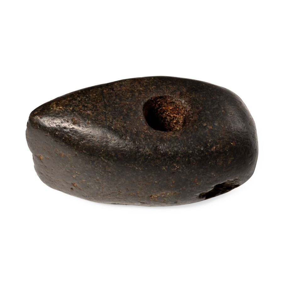 Stone Age Pecked and Polished Black Stone Pierced Boat-Shaped Axehead