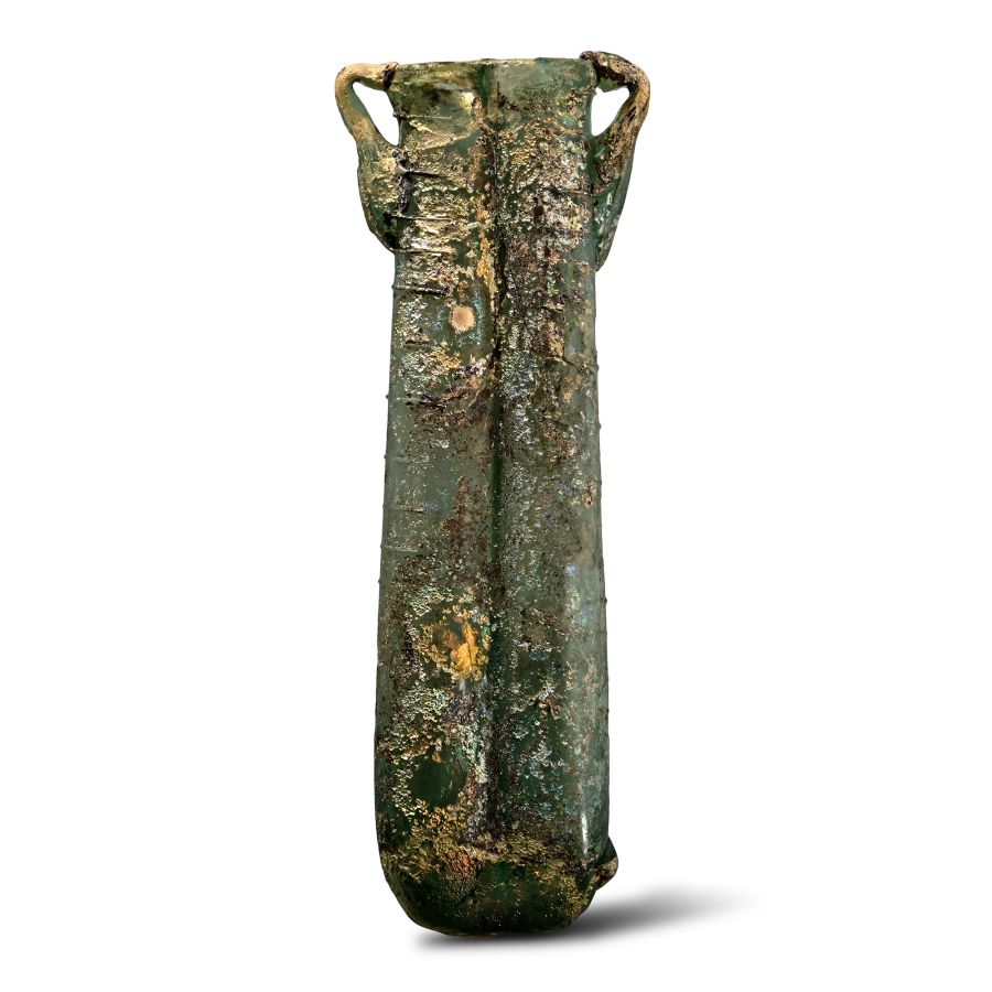 Roman Iridescent Green Glass Double Balsamarium