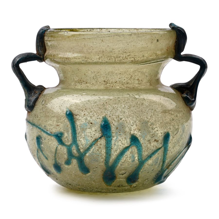 Roman Green Glass Jar with Blue Handles and Zig-Zag Trail