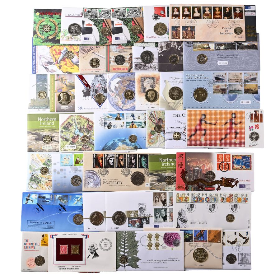 Group of Forty [40] Mainly GB First Day Stamp Covers Each with UNC Coin.