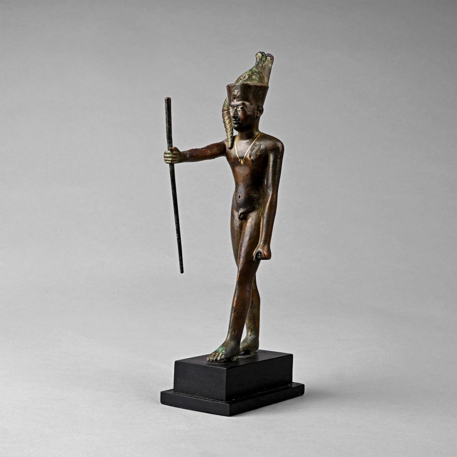 Large Egyptian Bronze Statue of the God Ihy with Gold Necklace and Silver Inlaid Eyes