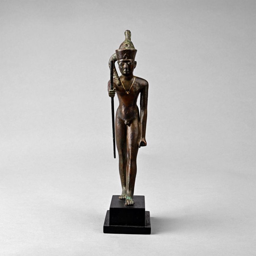 Large Egyptian Bronze Statue of the God Ihy with Gold Necklace and Silver Inlaid Eyes