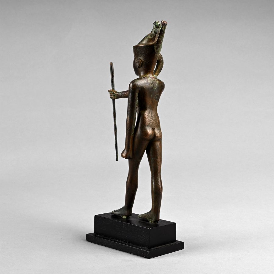 Large Egyptian Bronze Statue of the God Ihy with Gold Necklace and Silver Inlaid Eyes