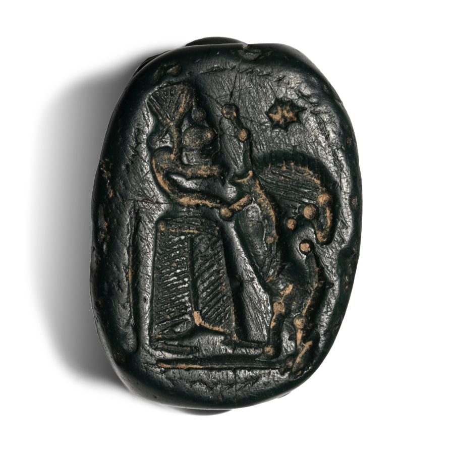 Phoenician Green Stone Scarab with Man Fighting Lion