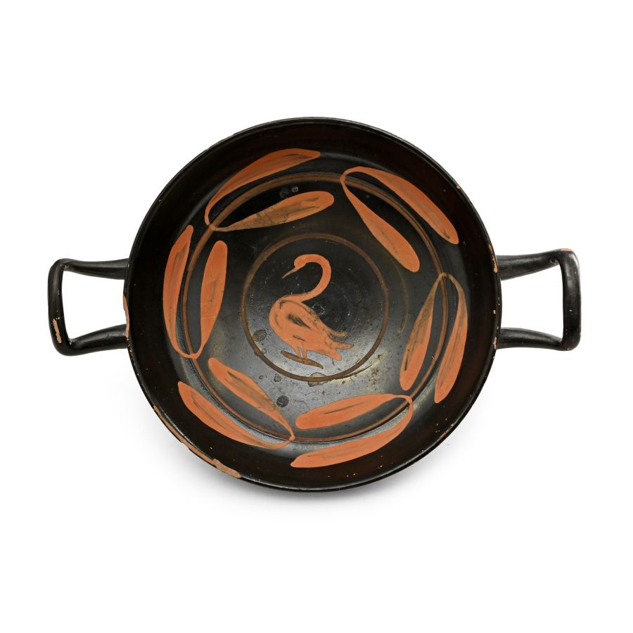 Greek Black-Glazed Twin-Handled Stemless Kylix with Swan