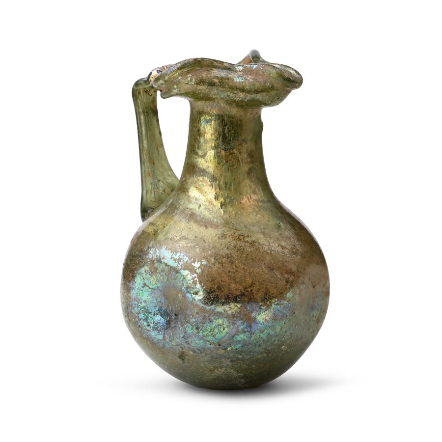Roman Iridescent Green Glass Trefoil Jug