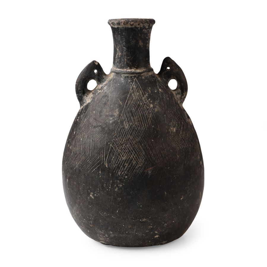 Eastern Mediterranean Terracotta Handled Vase with Engraved Zig-Zag Panels