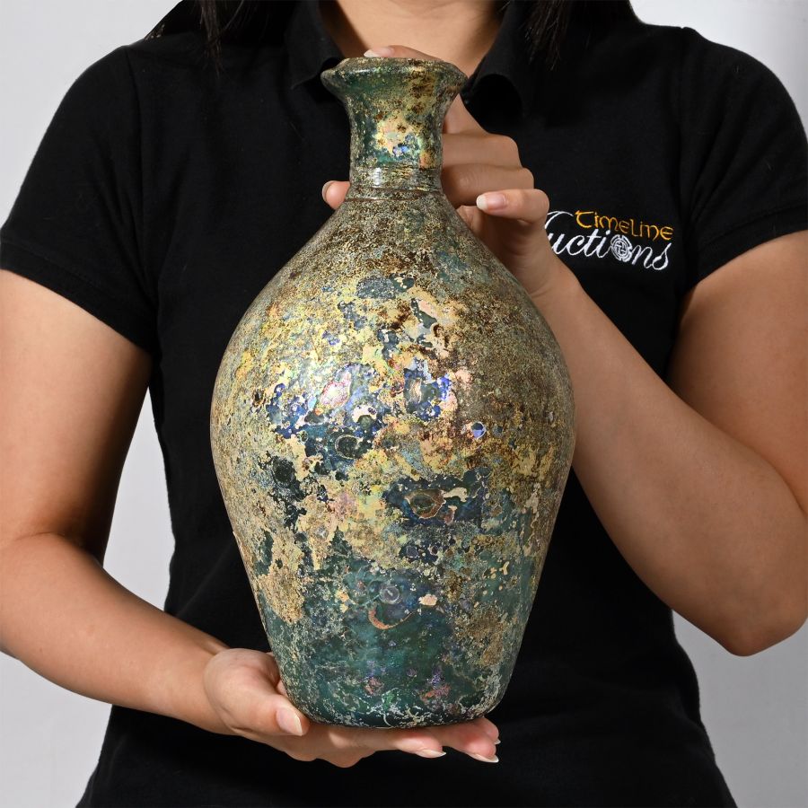Very Large Eastern Roman Green Glass Bottle with Iridescence