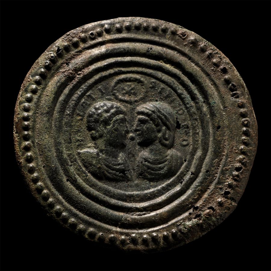 Roman Bronze Marriage Mirror with Facing Busts with Inscription
