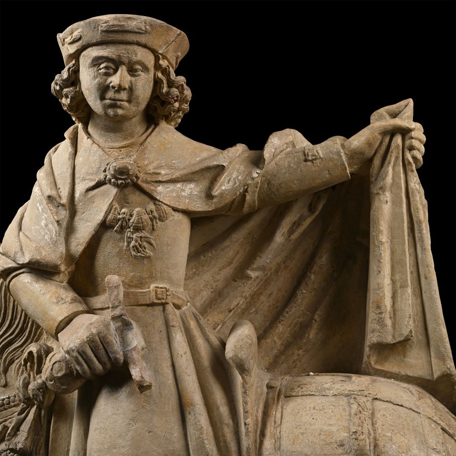 Large Medieval Carved Limestone of St Martin on Horseback with Cloak and Beggar