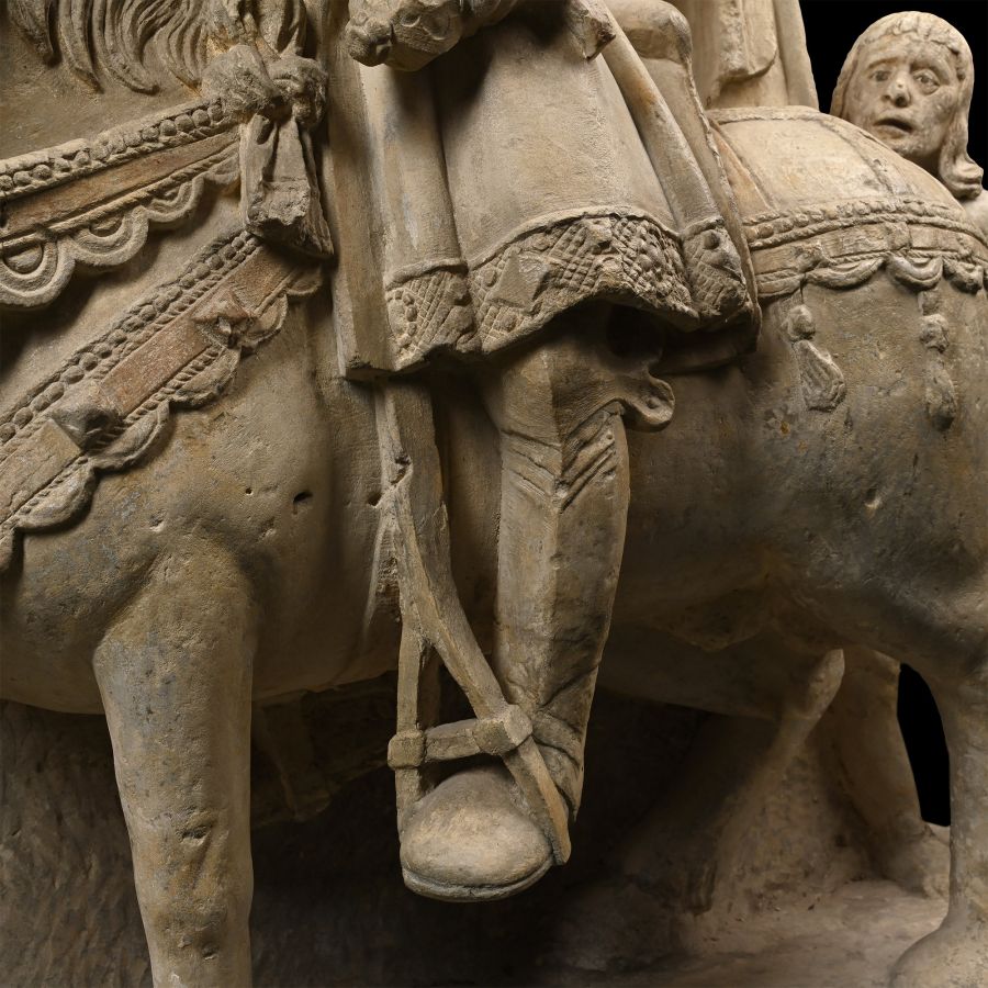 Large Medieval Carved Limestone of St Martin on Horseback with Cloak and Beggar