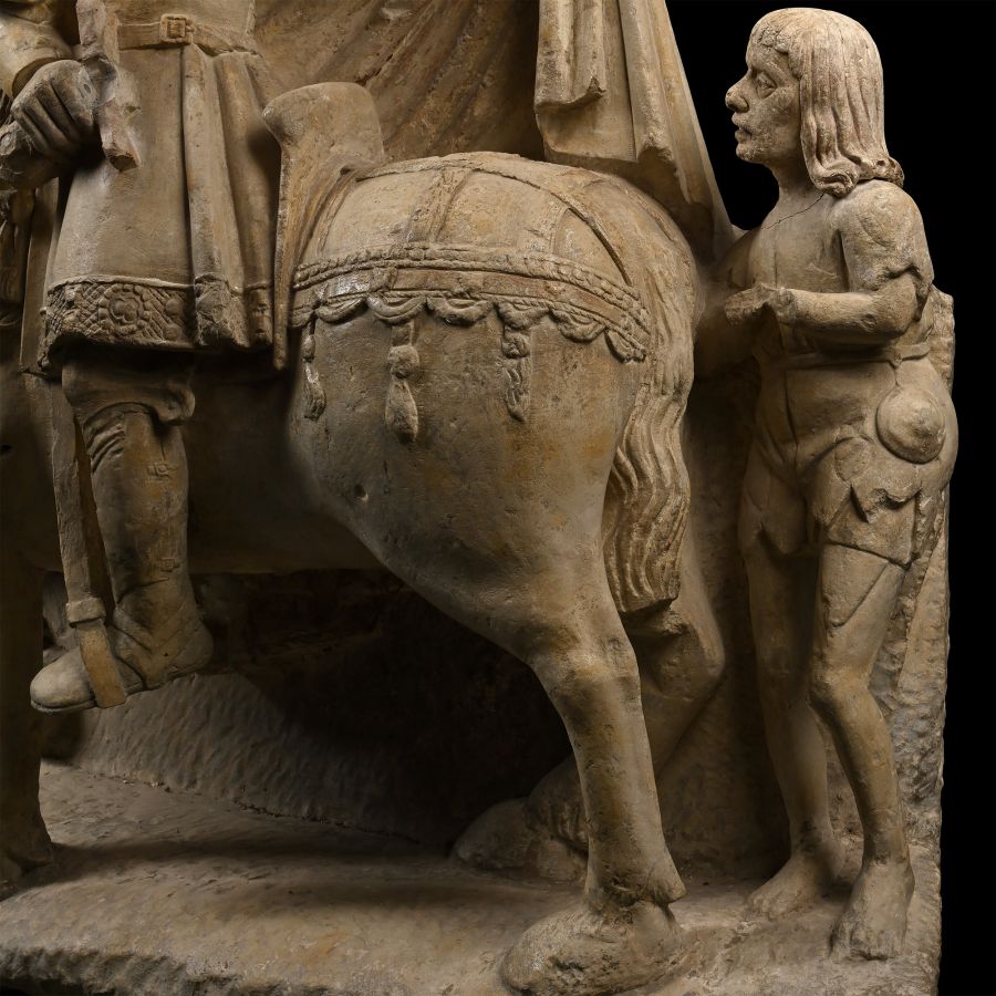Large Medieval Carved Limestone of St Martin on Horseback with Cloak and Beggar