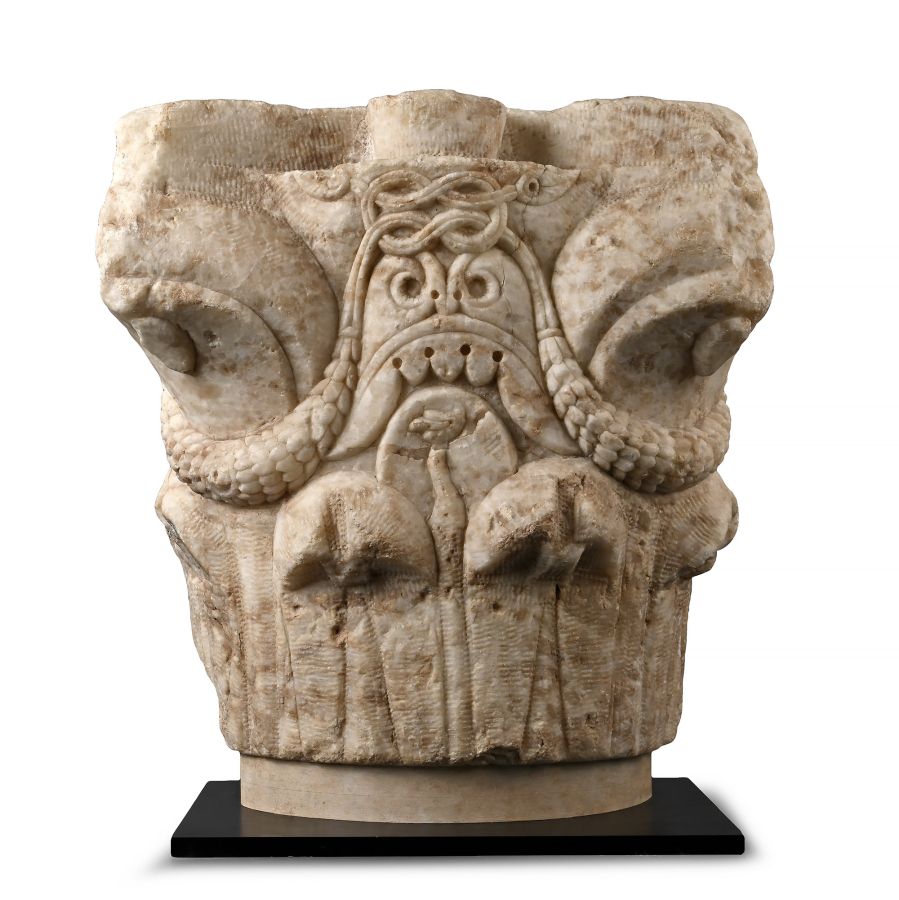 Romanesque Limestone Capital with Reef Knot