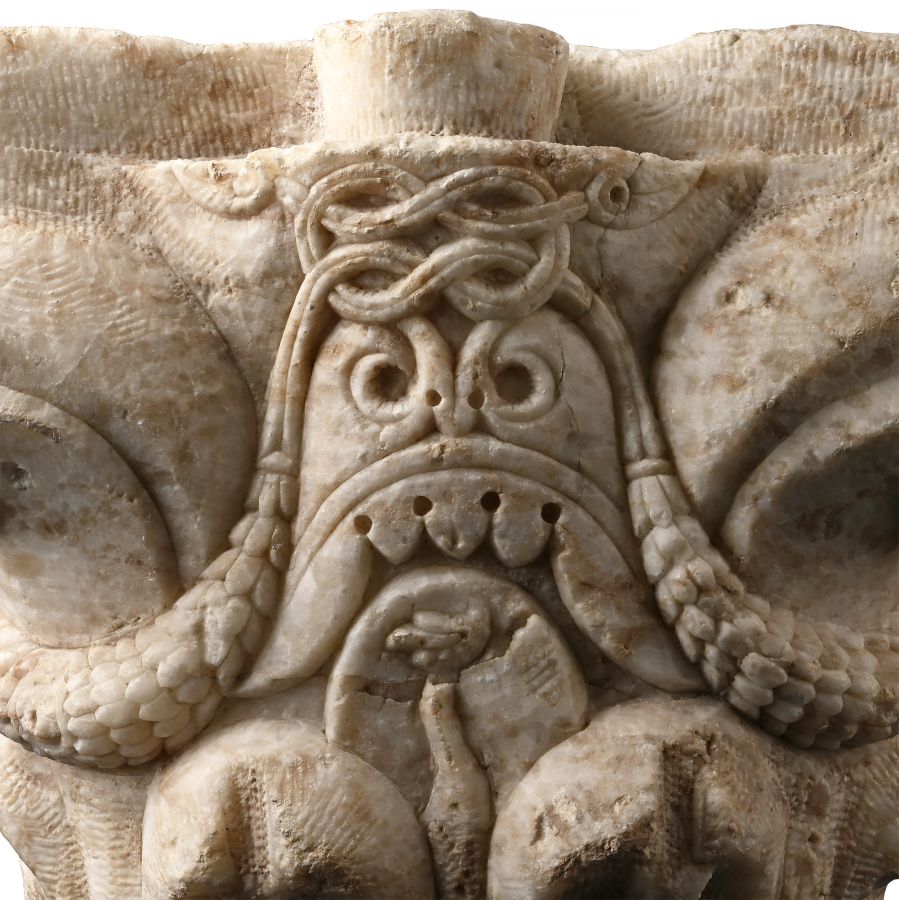 Romanesque Limestone Capital with Reef Knot