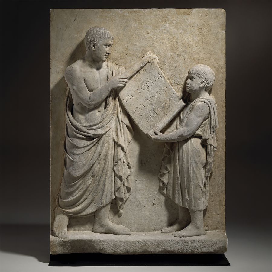 Large Marble Relief with Roman-Era Scene of a Boy Presenting a Scroll