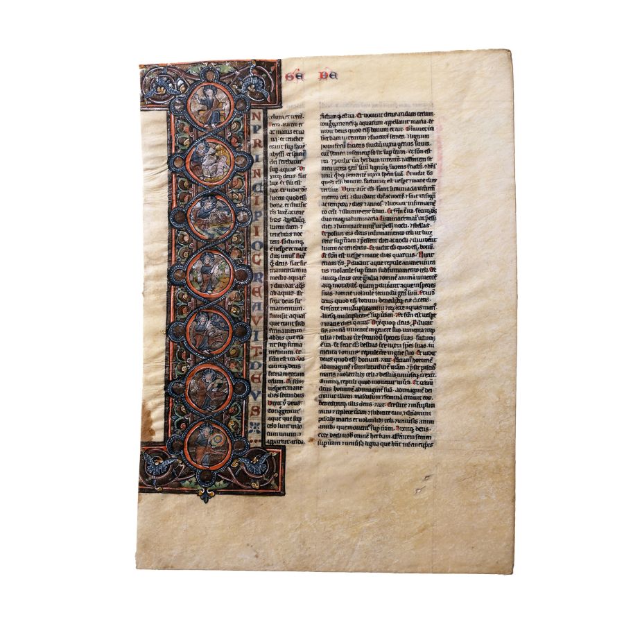 Medieval Illuminated Vellum Leaf from the Book of Genesis