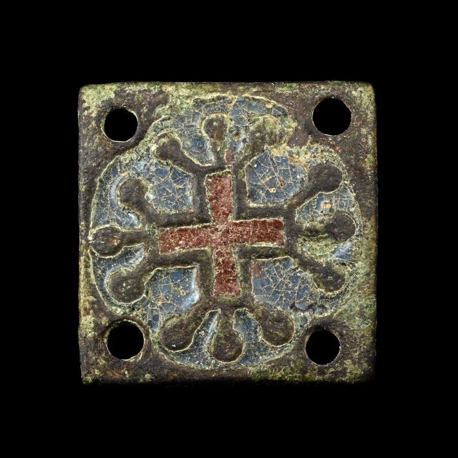 Medieval Knight's Enamelled Bronze Heraldic Plaque with Crusader Cross