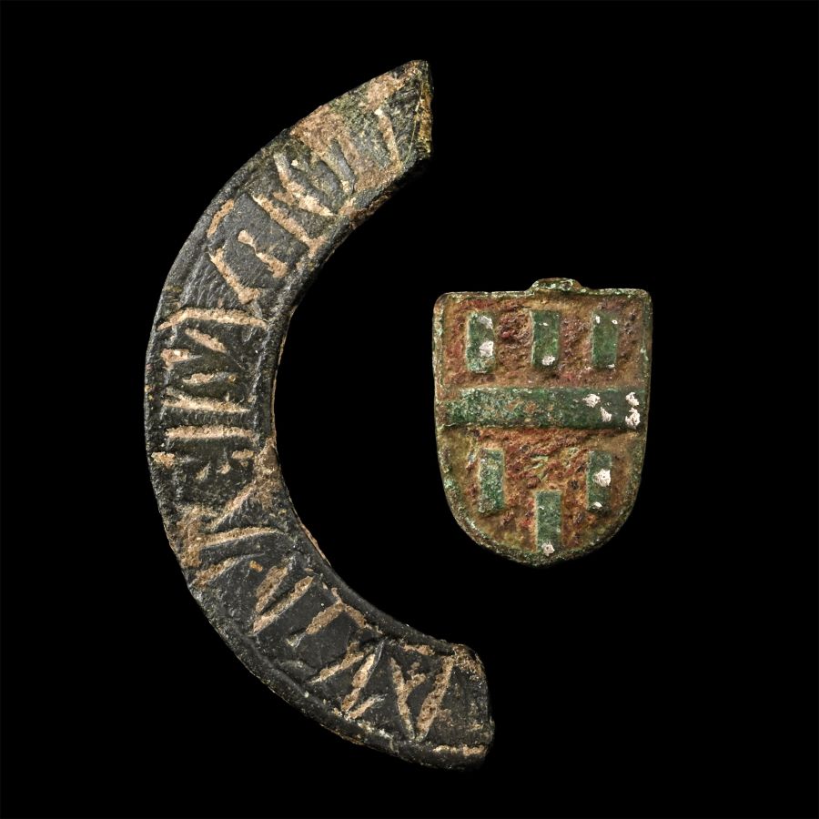 Medieval Knight's Heraldic Horse Harness Pendant and Inscribed Ring Brooch Half