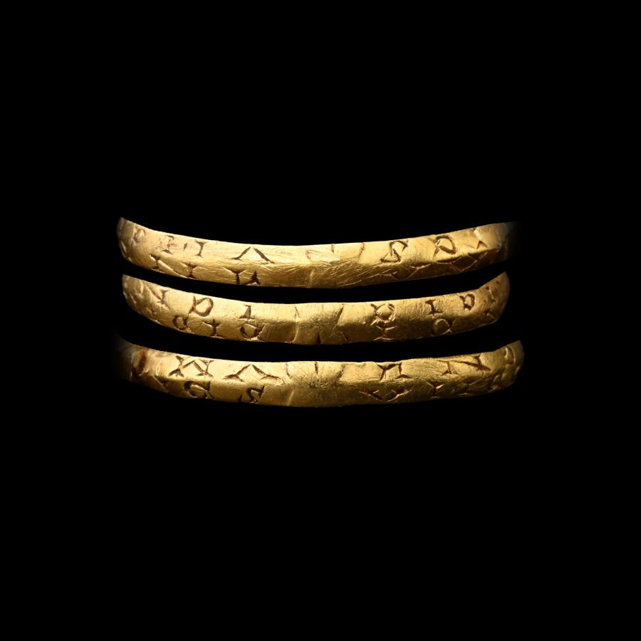 Medieval Gold Ring with Sapphire and Inscription